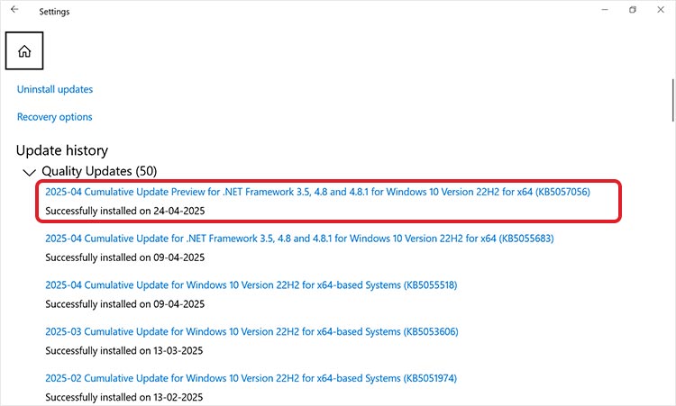 Wählen Sie Updates deinstallieren im Updateverlauf