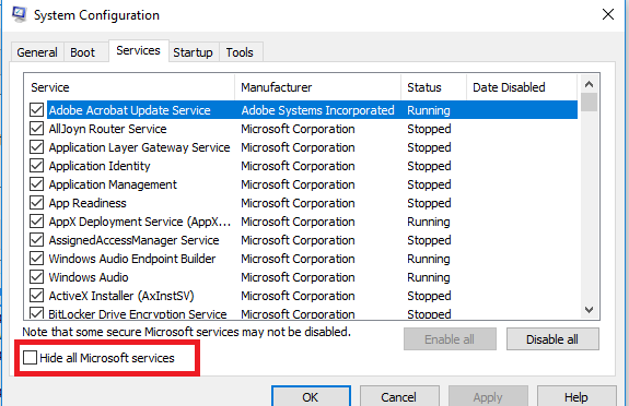 Alle Microsoft-Dienste ausblenden
